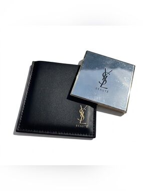 YSL Beauty Silver Pocket Mirror & Black Faux Leather Logo Pouch NEW